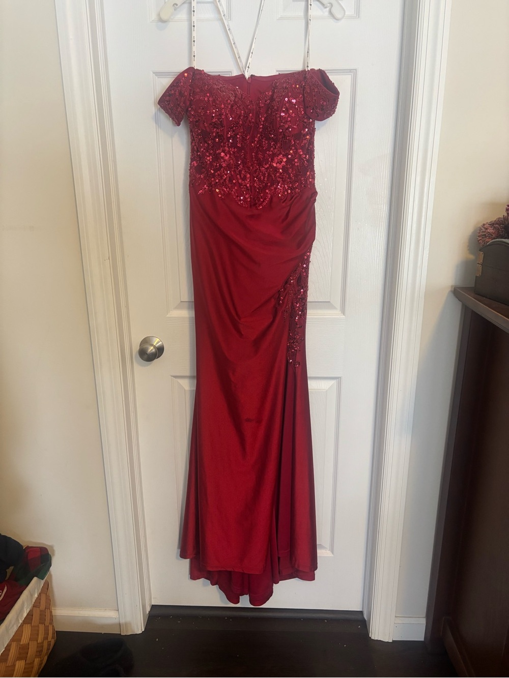 Jules & Cleo Off-Shoulder Sequined Prom Gown in Red